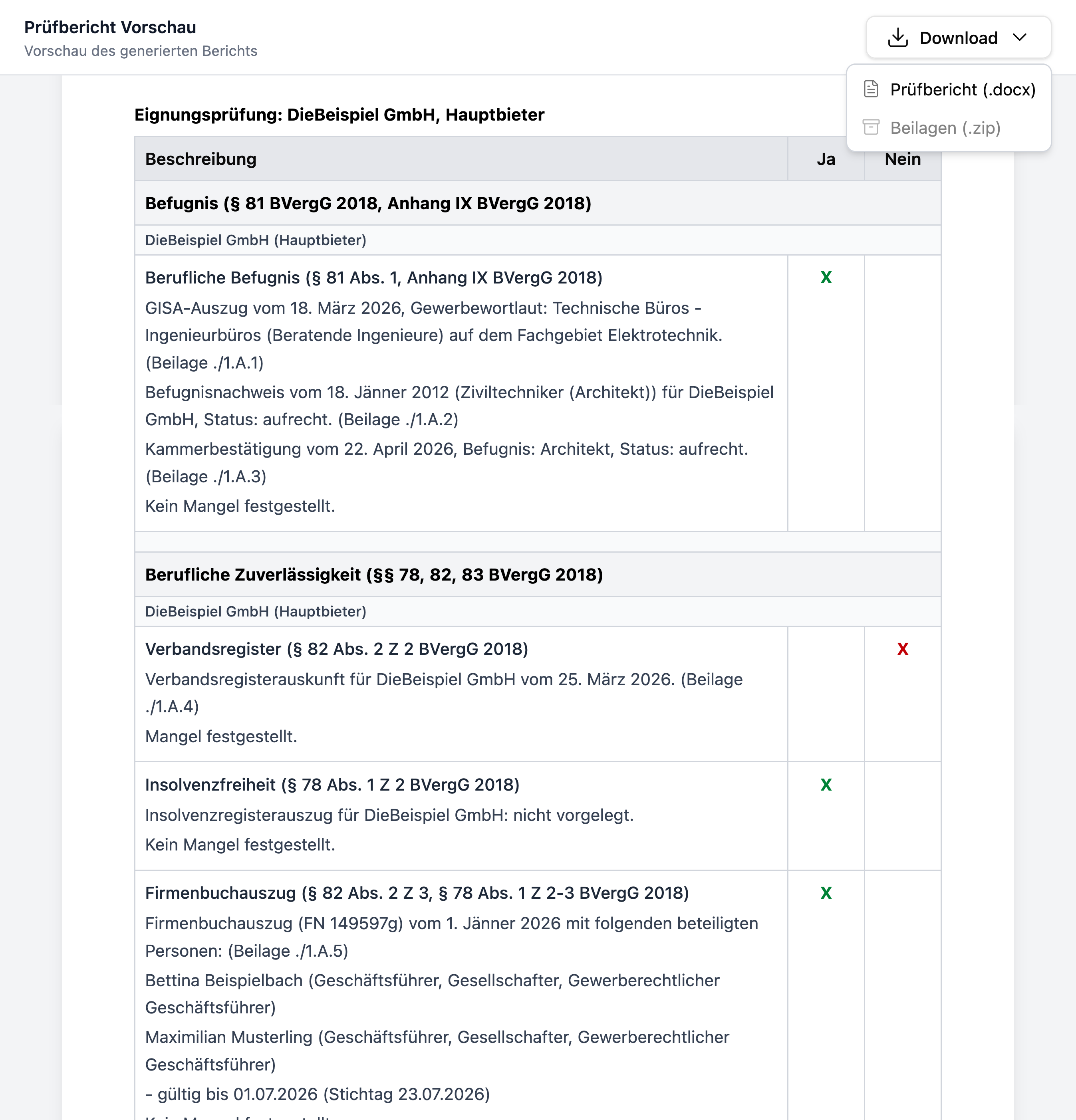 tendiq: Vorschau des generierten Prüfberichts mit Logo-Platzhalter und Verfahrensangaben.